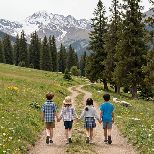 Photograph of four children holding hands, walking away on a dirt path through a lush, mountainous meadow with pine trees and snow-capped peaks