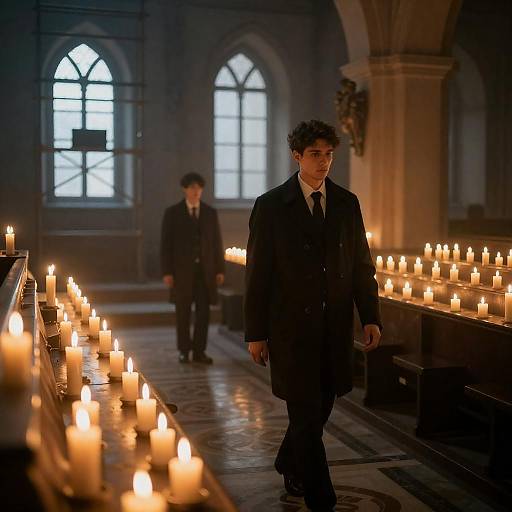 Mysterious Man in Candlelit Church Scene