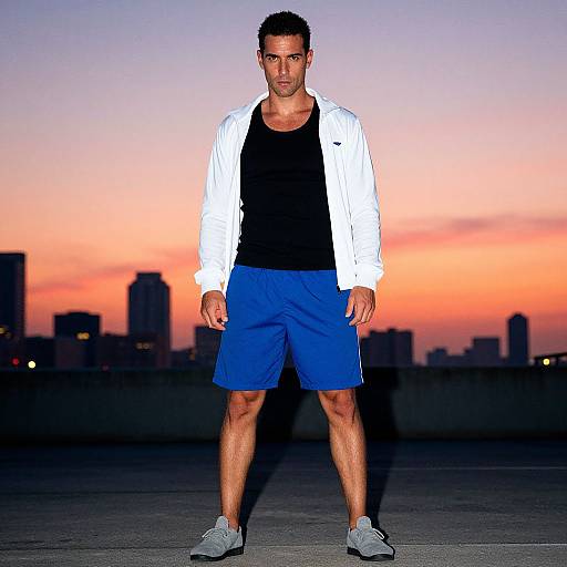 Photograph of a muscular man with short dark hair, wearing a white jacket, black tank top, blue shorts, and gray sneakers, standing against a
