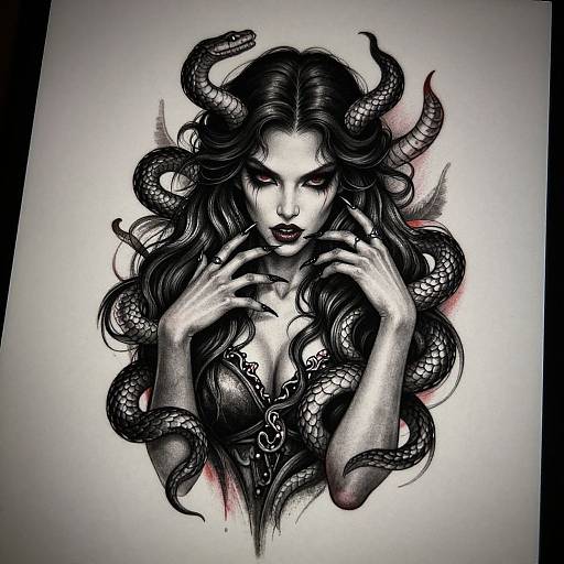 Black and white ink drawing of a seductive demoness with flowing dark hair, horns, and snake-like tendrils, wearing a detailed lace top,