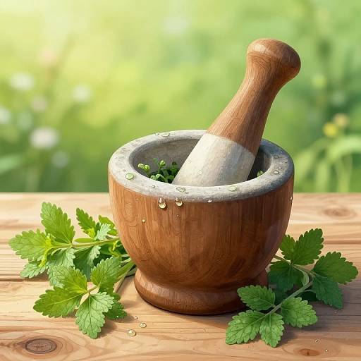 Rustic Pestle and Mortar with Herbs