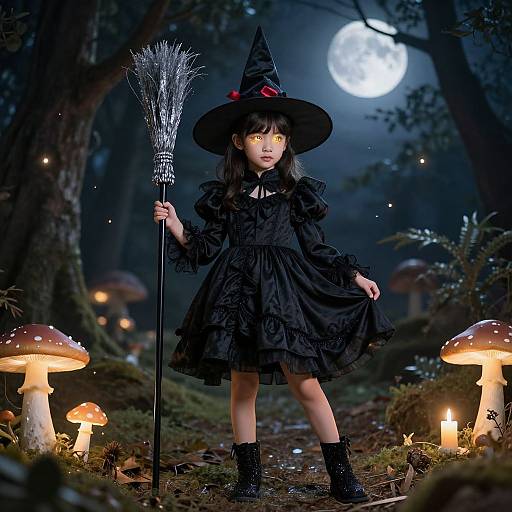 Photograph of a young girl in a black witch costume with a pointed hat, holding a broomstick, standing in a moonlit forest with glowing