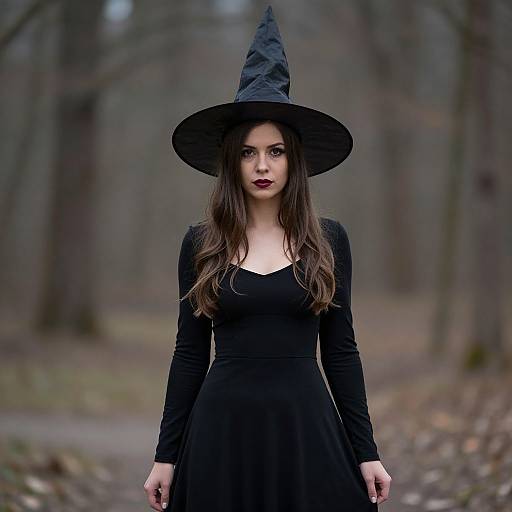 Photograph of a pale-skinned woman with long brown hair, wearing a black dress and witch hat, standing in a foggy forest.