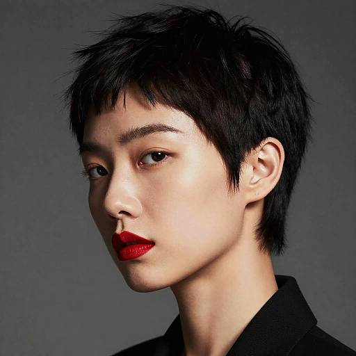 Photorealistic portrait of an Asian woman with short, spiky black hair, fair skin, red lipstick, and black clothing, against a gray background