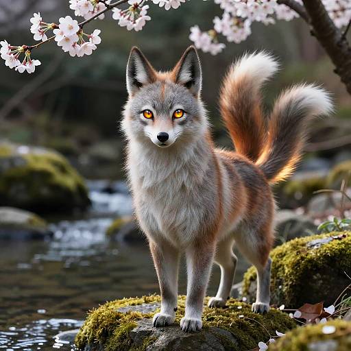 Photorealistic digital artwork of a vibrant red fox with striking orange eyes, standing on mossy rocks under blooming cherry blossoms, with a clear