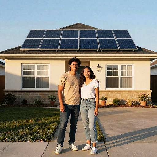 Young Couple Standing in Front of Solar-Powered Suburban Home