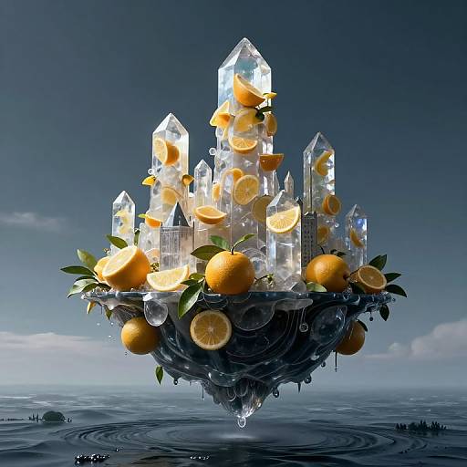 Digital artwork: A crystal castle floating over water, adorned with lemons, orange slices, and green leaves, illuminated by a blue twilight sky.