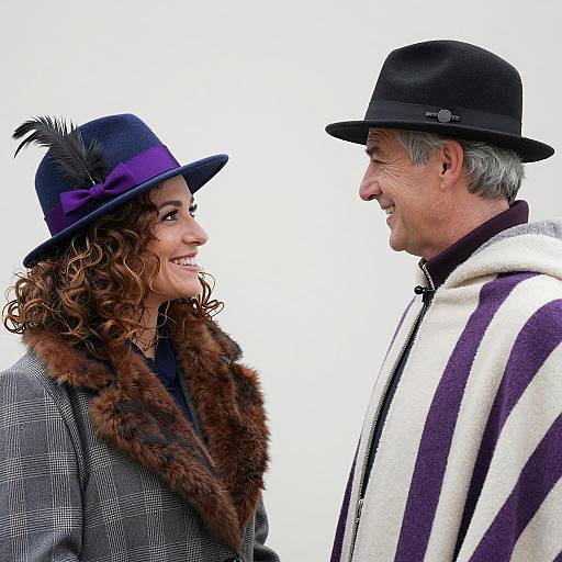 Smiling Woman and Man in Stylish Hats and Coats