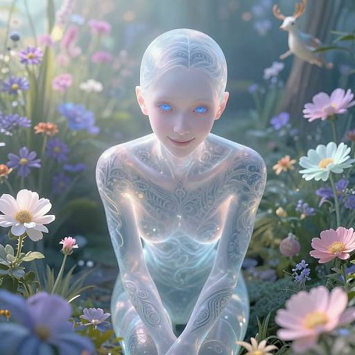 Digital artwork of a translucent, blue-eyed, tattooed, androgynous figure with a bald head, kneeling in a glowing, colorful flower garden