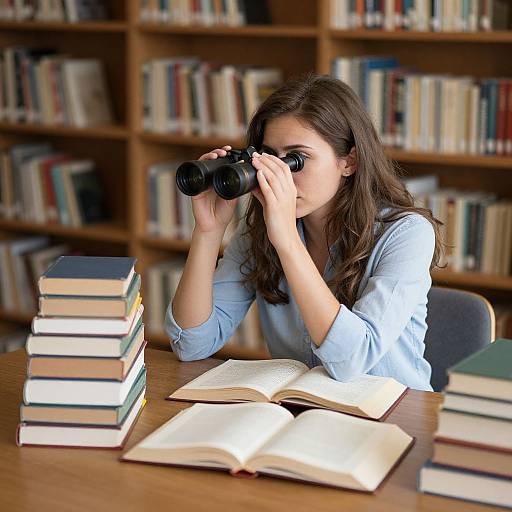 Photograph of a brown-haired woman in a light blue shirt, wearing sunglasses, using binoculars while sitting at a library table with stacked books and