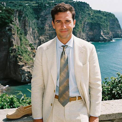 Photograph of a smiling man in a white suit, silver tie, standing outdoors with a coastal cliff and ocean background.