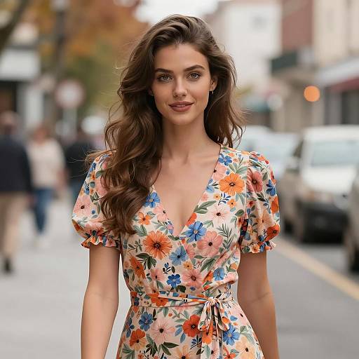 Young Woman in Floral Dress on Urban Street