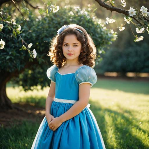 Young Girl in Blue Princess Dress Outdoors