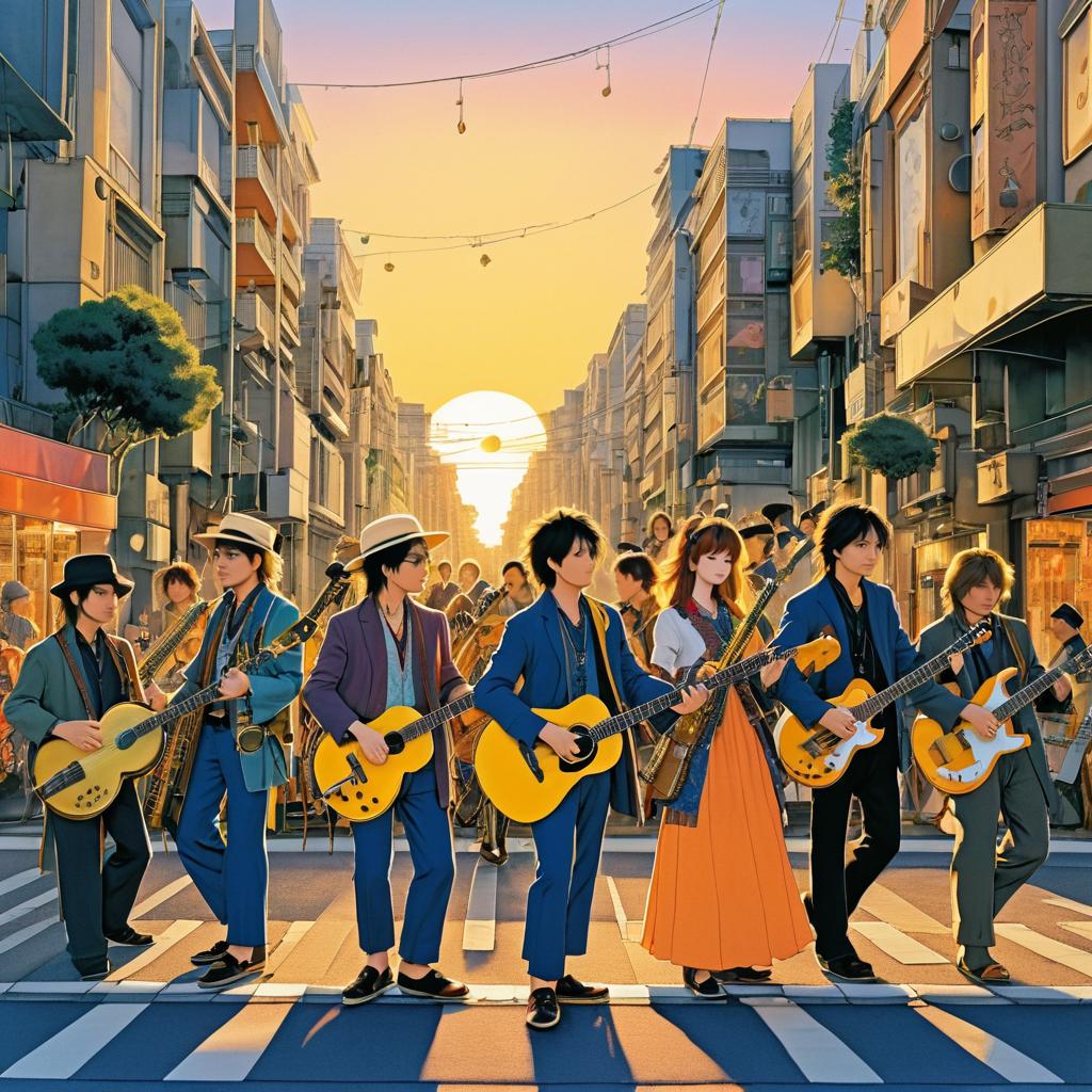 Eclectic Band at Sunset in Manga Style