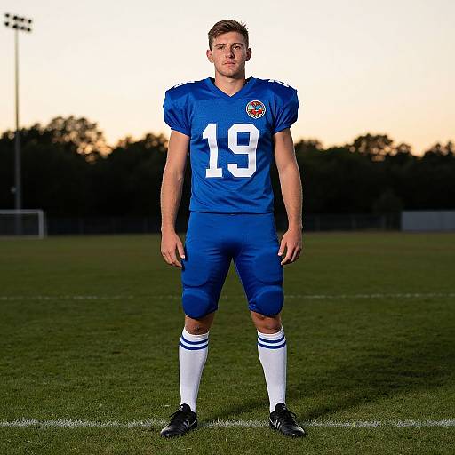 Photograph of a young Caucasian male football player in blue uniform, number 19, standing on a grass field at sunset.