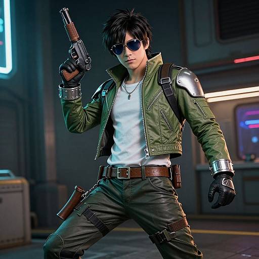 CGI image of a cool, dark-haired man in sunglasses, green jacket, white shirt, black pants, holding a gun, standing in a neon