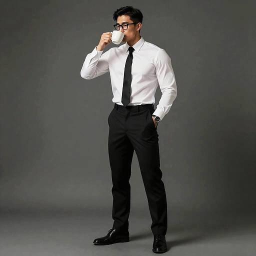 Young Man in Suit Drinking Coffee