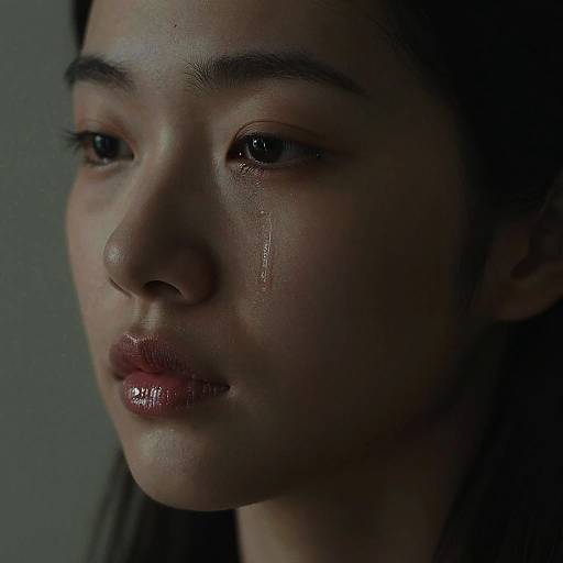 Close-up photograph of an Asian woman with tear-streaked face, glossy dark red lips, and dim lighting, conveying sadness and introspection.