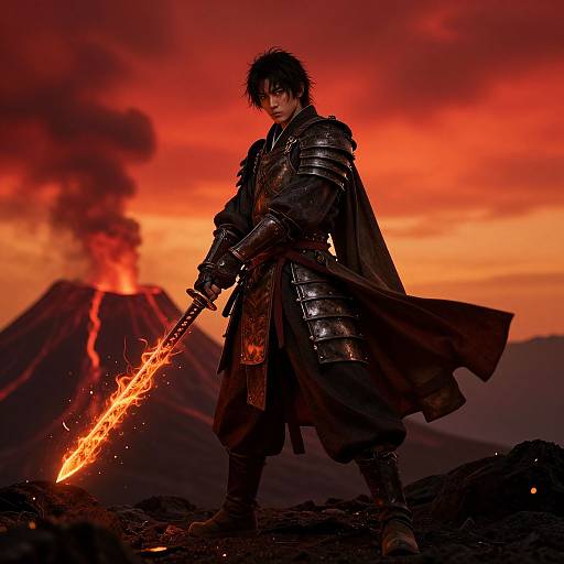 Photograph-style digital art: Dark-haired, armored warrior with glowing sword, standing before erupting volcano under fiery red-orange sky, intense expression.