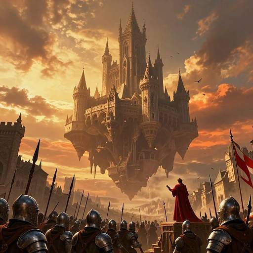 Epic fantasy scene: silhouetted armored warriors with spears, a red-cloaked figure, and grand floating castle against a dramatic sunset