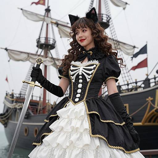 Woman in Victorian Skeleton Dress with Sword by Pirate Ship