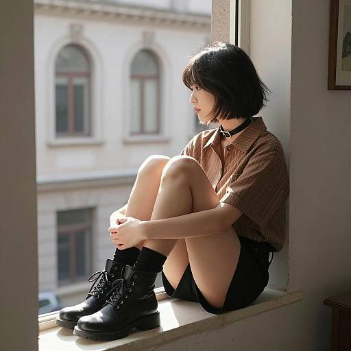 Urban Woman Posing by Sunlit Window