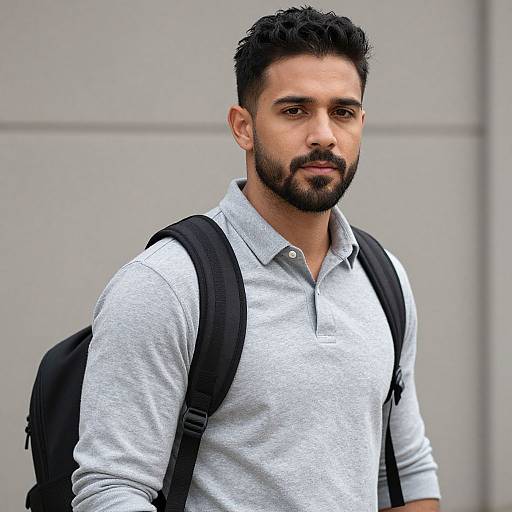 Photograph of a handsome, bearded South Asian man with short, dark hair, wearing a light gray polo shirt and black backpack, standing against a