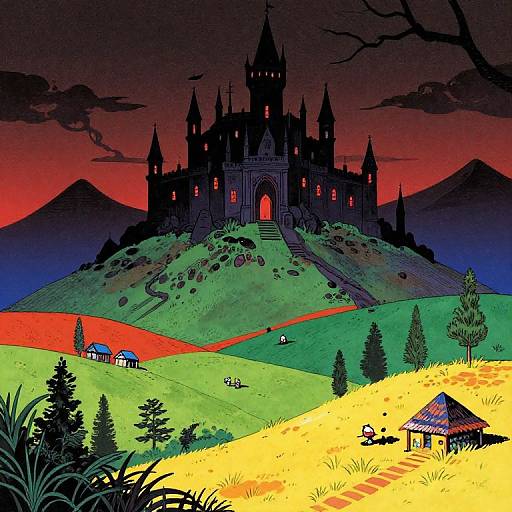 Digital artwork of a dark, gothic castle with red-lit windows on a green hill, surrounded by vibrant fields and a sunset sky. Small h