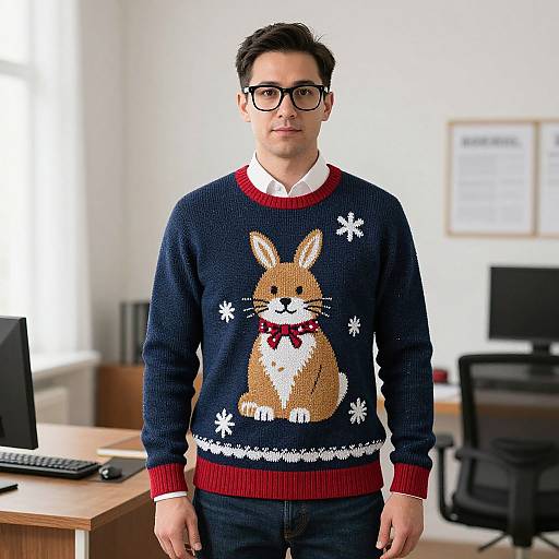 Photograph of a man with short black hair, glasses, wearing a navy sweater with a cute brown bunny and white snowflakes, standing in a