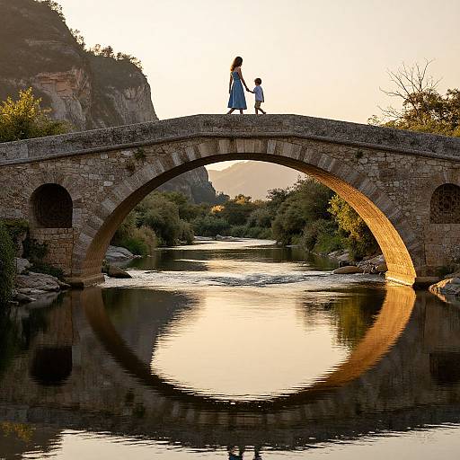 Photograph of a silhouetted couple walking on a stone arch bridge at sunset, reflecting in a calm river, surrounded by lush greenery and
