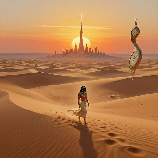Digital art: Desert sunset with golden sands, a woman in a white dress and black headscarf walks, surreal floating clocks, and a distant,