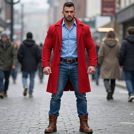 Photograph of a muscular, bearded man in a red coat, blue shirt, jeans, and brown boots standing confidently on a rainy city street with