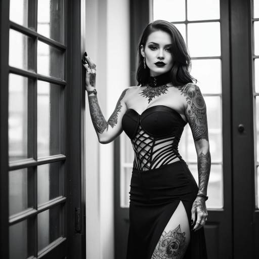 Tattooed Woman in Elegant Black Dress