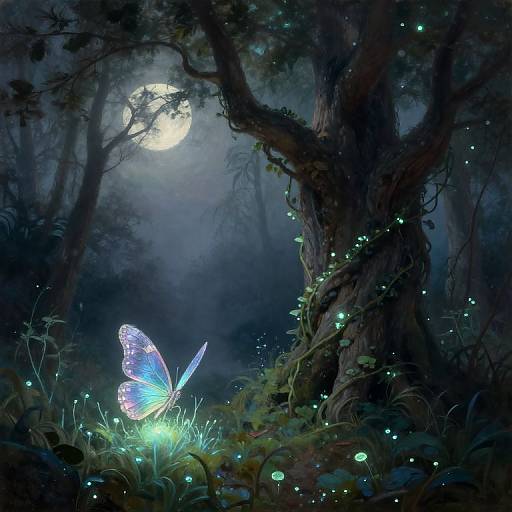 Mystical forest at night: glowing blue butterfly near luminescent fireflies, large twisted tree, full moon, and dark, misty background