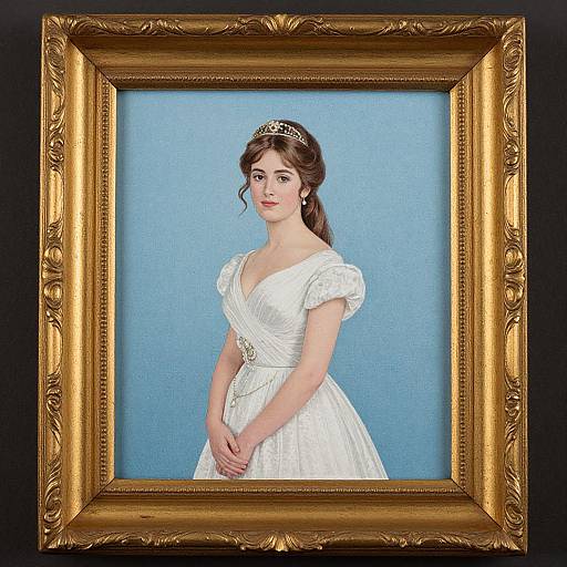 Photograph of a framed painting depicting a young woman in a white, short-sleeved dress and tiara, set against a blue background, with