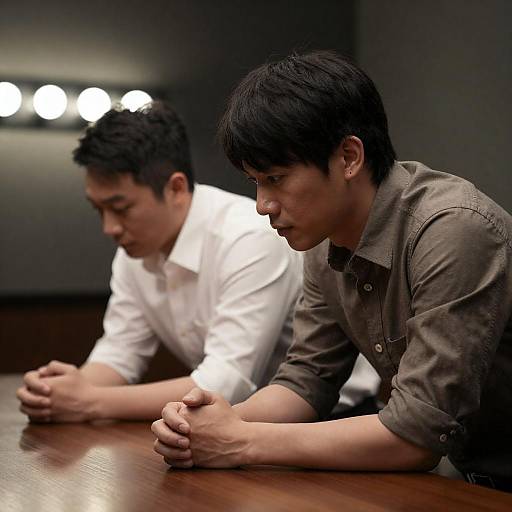 Two Asian Men Leaning Over Table in Thought