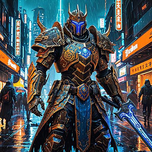 Bronze-armored Cyber-Japan Archmage in Neon Rain