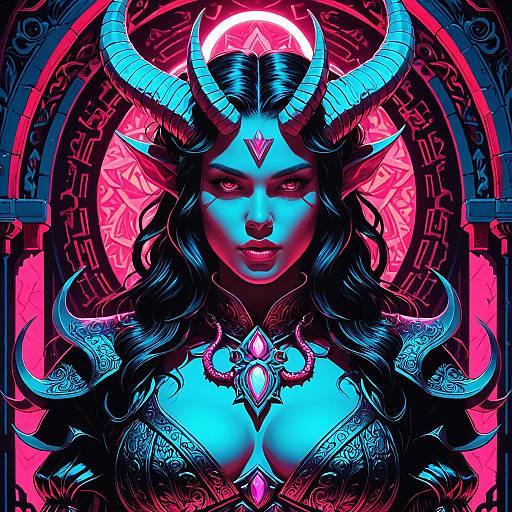 Vibrant Succubus with Horns in Neon Dungeon