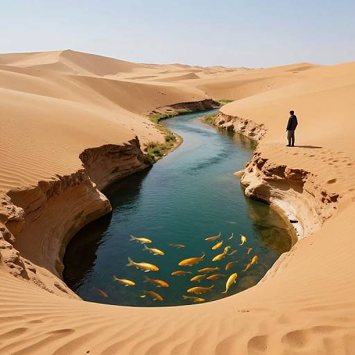 Photograph of a desert oasis with golden sand dunes, a winding blue water channel, and numerous yellow fish swimming, silhouetted figure standing