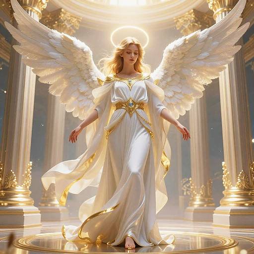 Digital art of a blonde angelic woman with glowing halo, white wings, and flowing golden-embellished gown, standing in radiant, columned