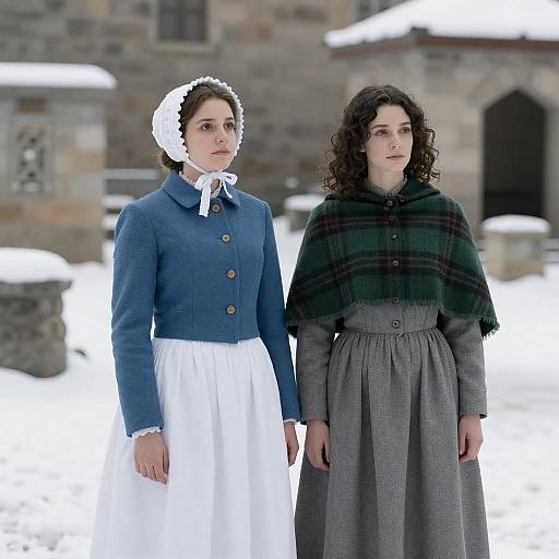 Two Women in Snowy Stone Courtyard
