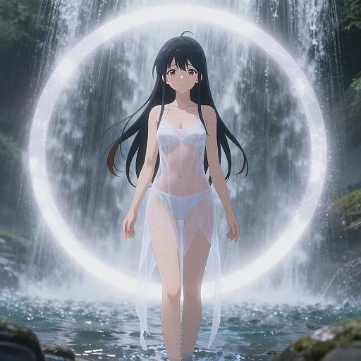 Moonlit Priestess Beneath Waterfall Glow