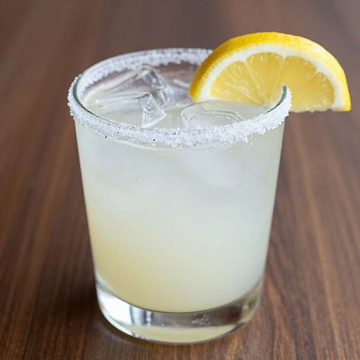 Photograph of a salt-rimmed glass with a lemon wedge, filled with ice and a pale yellow cocktail on a wooden table.