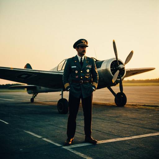 Vintage Pilot by Military Aircraft at Dusk