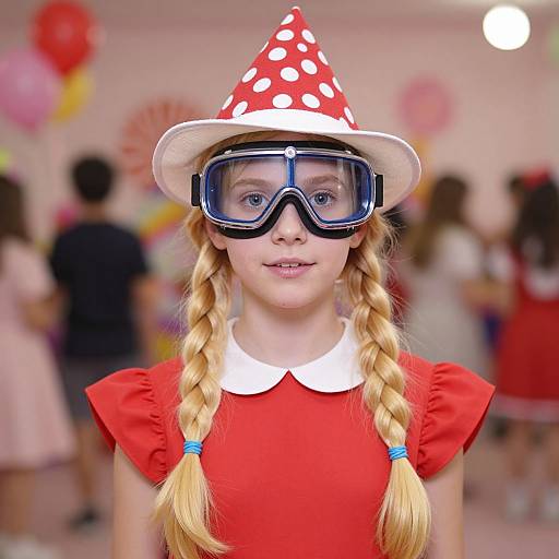 Photograph of a blonde girl with braided hair, red polka dot hat, oversized goggles, and red dress, smiling at a colorful, blurred