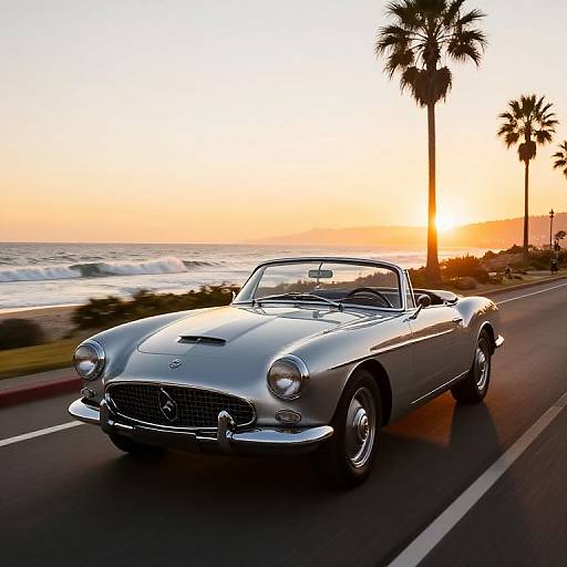 Photograph of a silver classic convertible car driving on a coastal road during sunset, with palm trees and waves in the background.