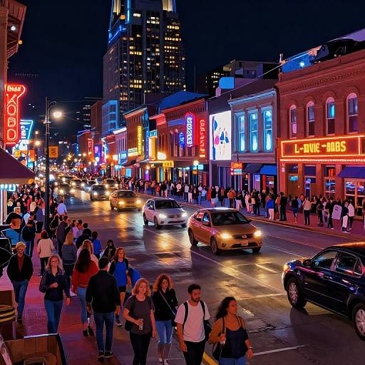 Vibrant night scene photograph of a busy urban street with neon signs, pedestrians, and cars, featuring brightly lit storefronts and a bustling crowd.