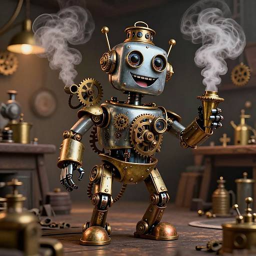 Photorealistic CGI of a smiling, steampunk-style robot with brass gears, holding a smoking flask, in a dimly lit, industrial workshop