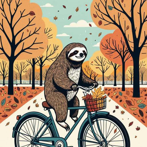 Relaxed Sloth Riding Bicycle in Autumn Park