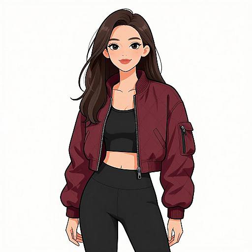 Digital anime-style drawing of a smiling woman with long brown hair, wearing a maroon bomber jacket, black sports bra, and black pants. White background